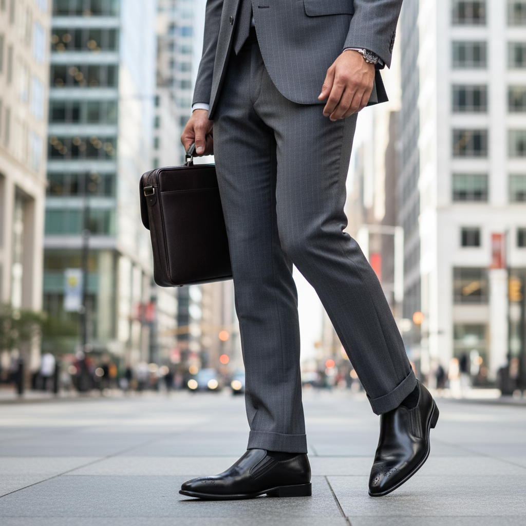 Person in a gray suit holding a black briefcase on a city street wearing black shoes