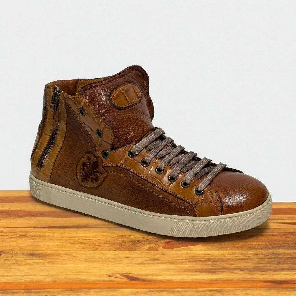 Brown leather high-top sneaker on a wooden surface with a light gray background