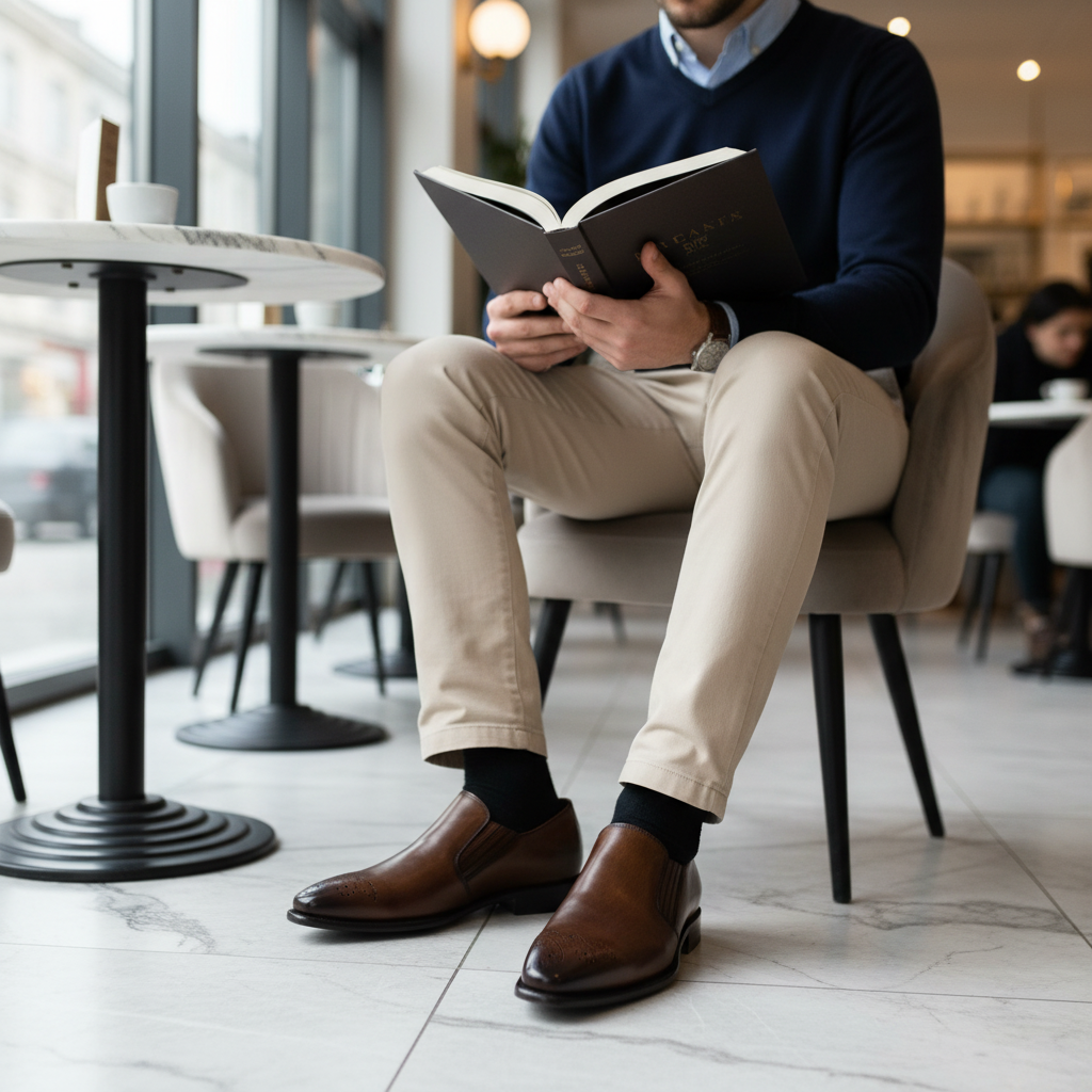 Man reading a book in a cafe wearing brown shoes