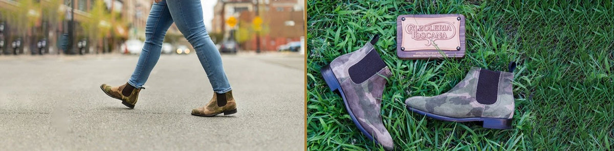 Young woman walking across the street wearing D681 Calzoleria Toscana Posta Donna Camoflauge Boot. Proudly handcrafting Italian handmade women's shoes in Toscana, Italy. 