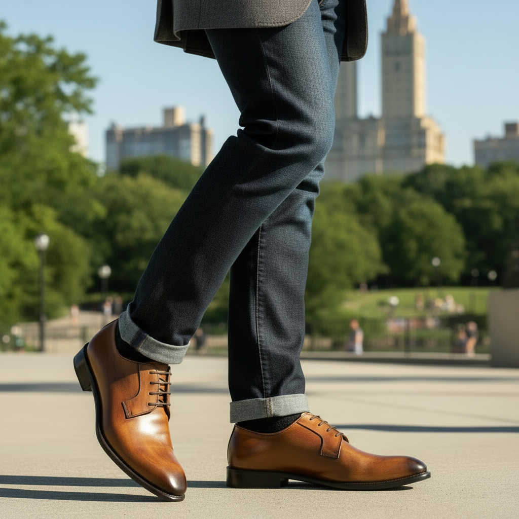 Person wearing brown dress shoes with a blurred cityscape background