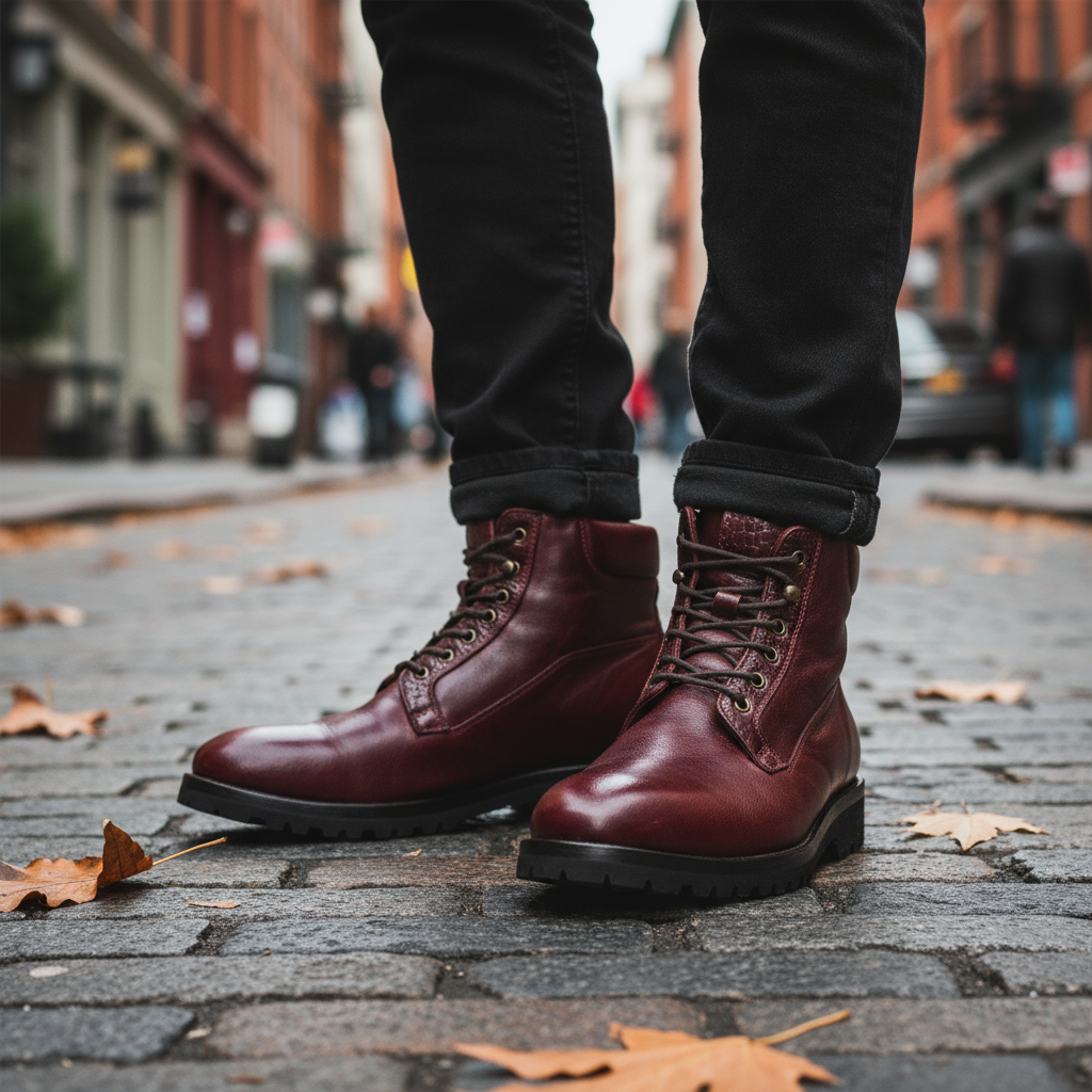 Cherry boots on a person standing on a street with blurred background