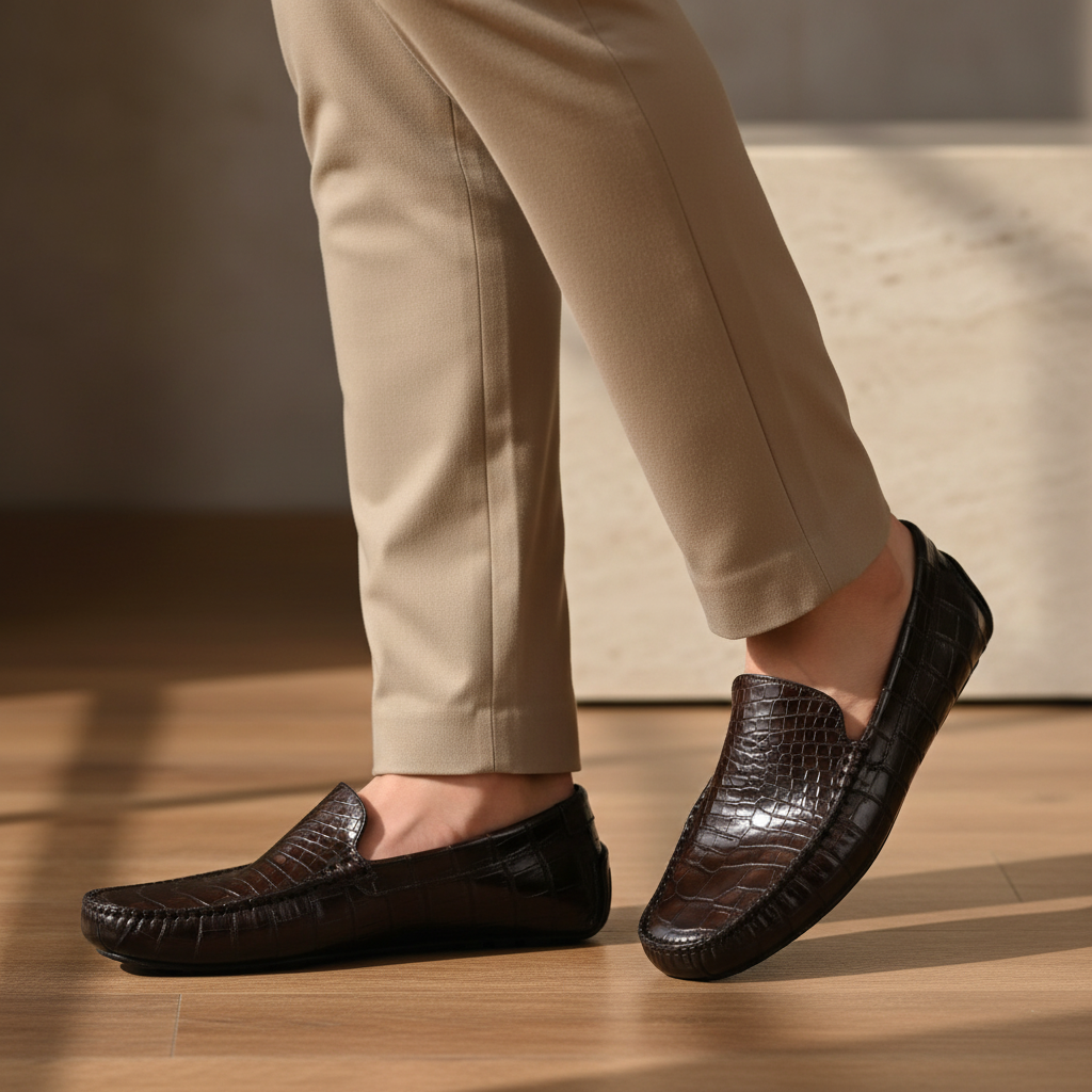 Brown leather loafers worn with beige pants on a wooden floor.