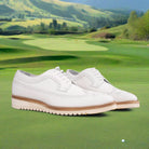 A pair of White shoe on polo ground