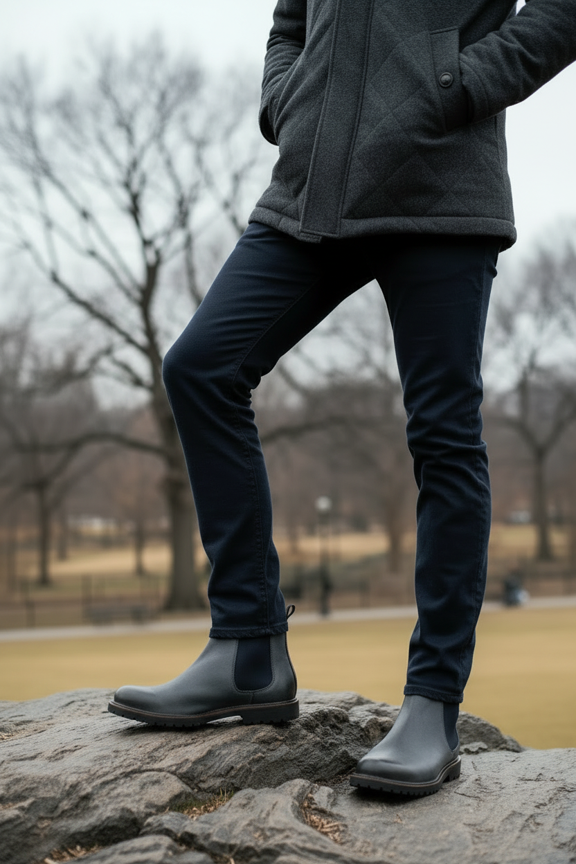Person wearing a dark jacket, black pants, and Pair of Stone leather Chelsea boots standing on a rock in a park.