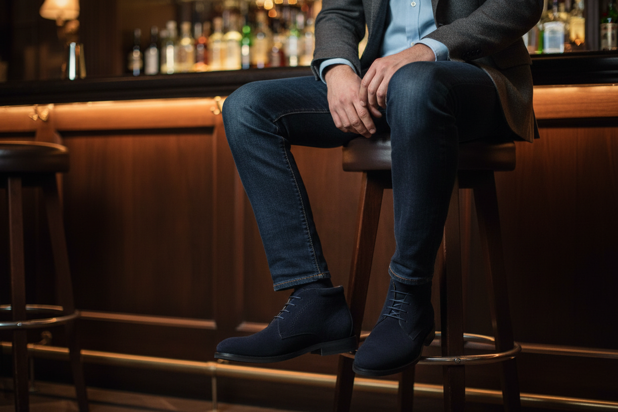 Man sitting on a bar stool in a bar setting wearing  blue suede shoes.