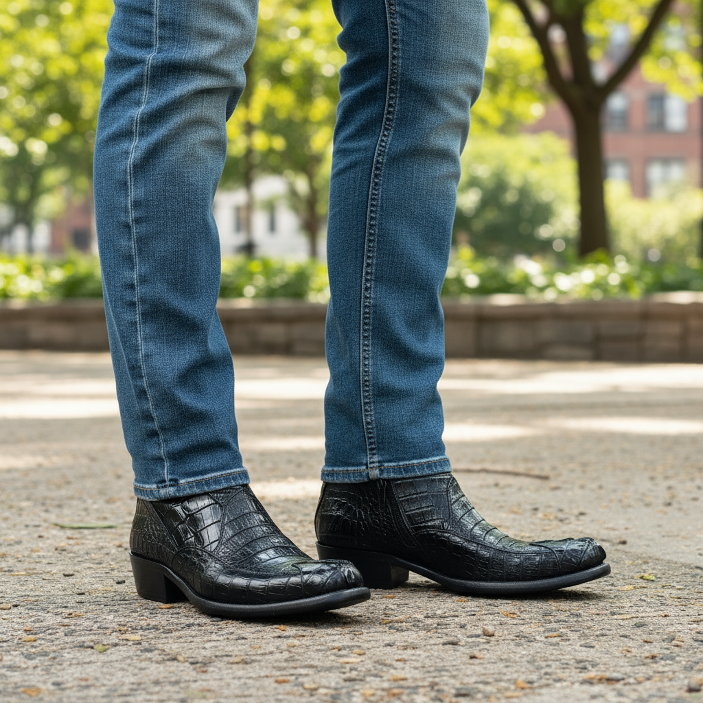 Person wearing blue jeans and black Pair of crocodile western boots