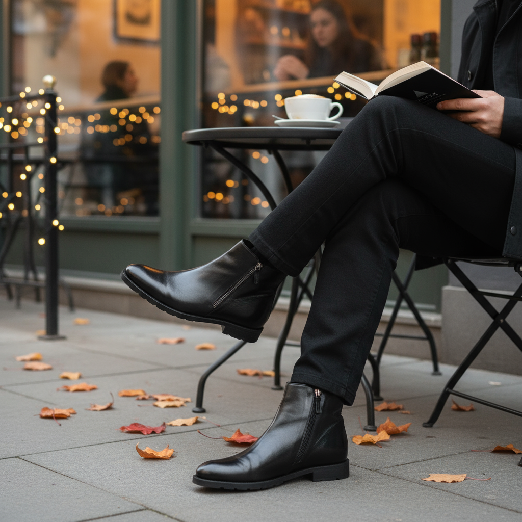 Person wearing black leather boots sitting at an outdoor cafe with a book and coffee cup.