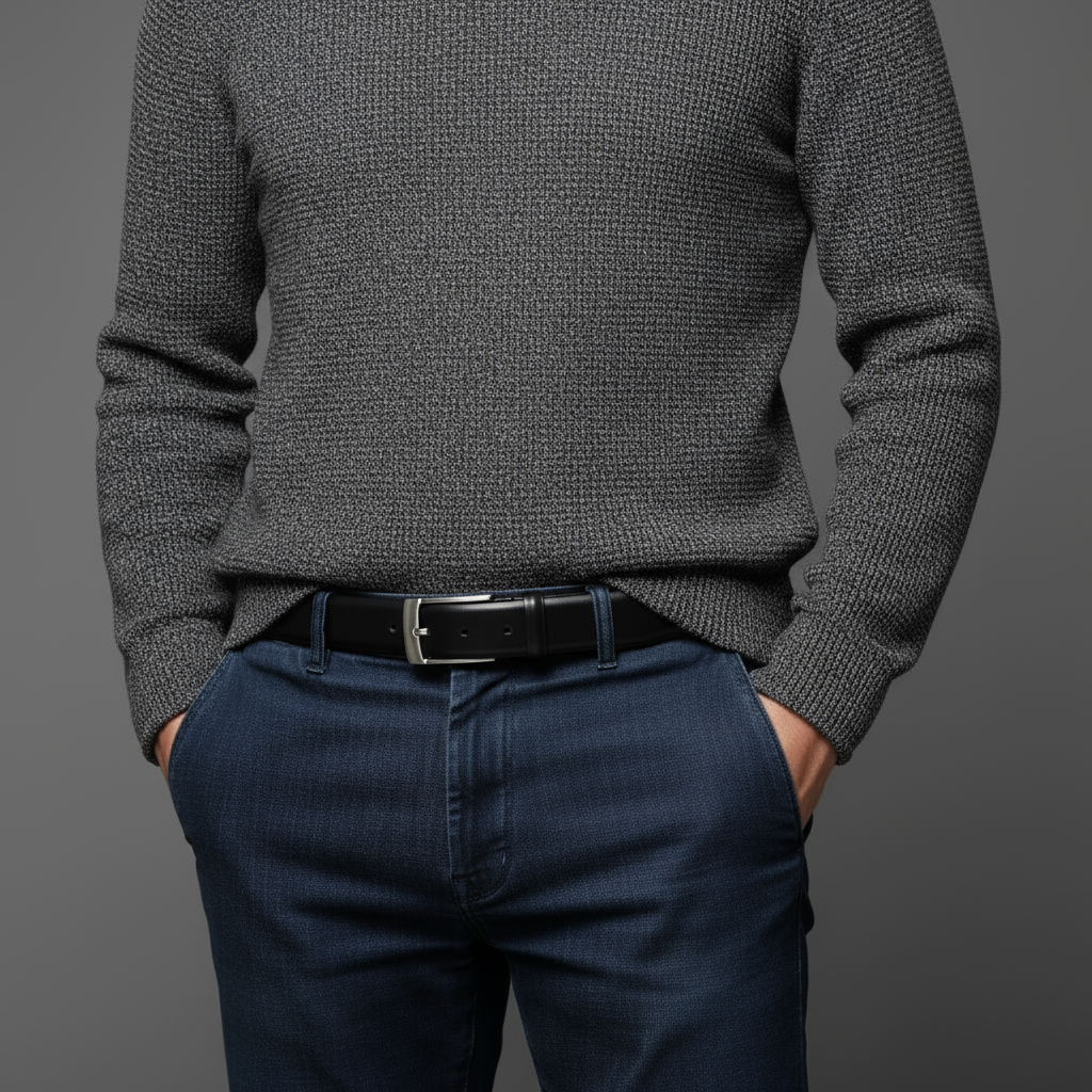 Person wearing Amaro Italian Leather Dress Belta with gray sweater and blue pants