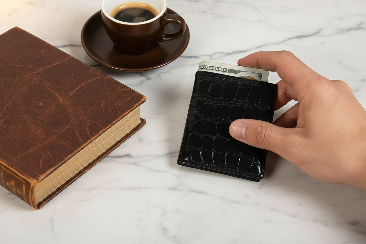 Hand holding a black crocodile skin wallet next to a book and a cup of coffee on a marble surface