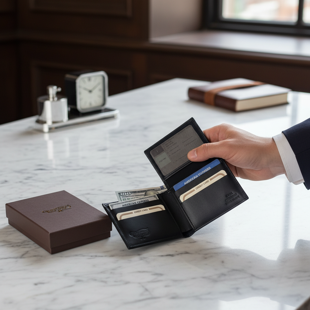 Hand holding an open black leather wallet with cards on a marble surface, with a box and clock in the background.