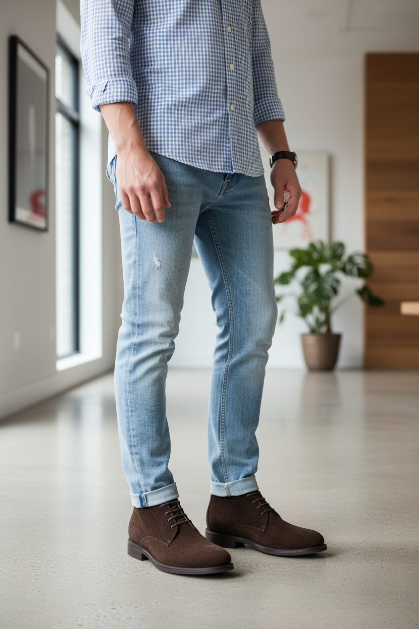Person wearing a blue checkered shirt, light blue jeans, and brown shoes indoors.