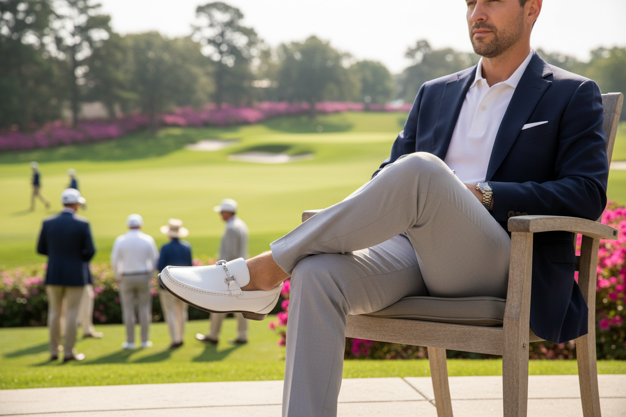 Man in a suit sitting on a chair with a golf course in the background