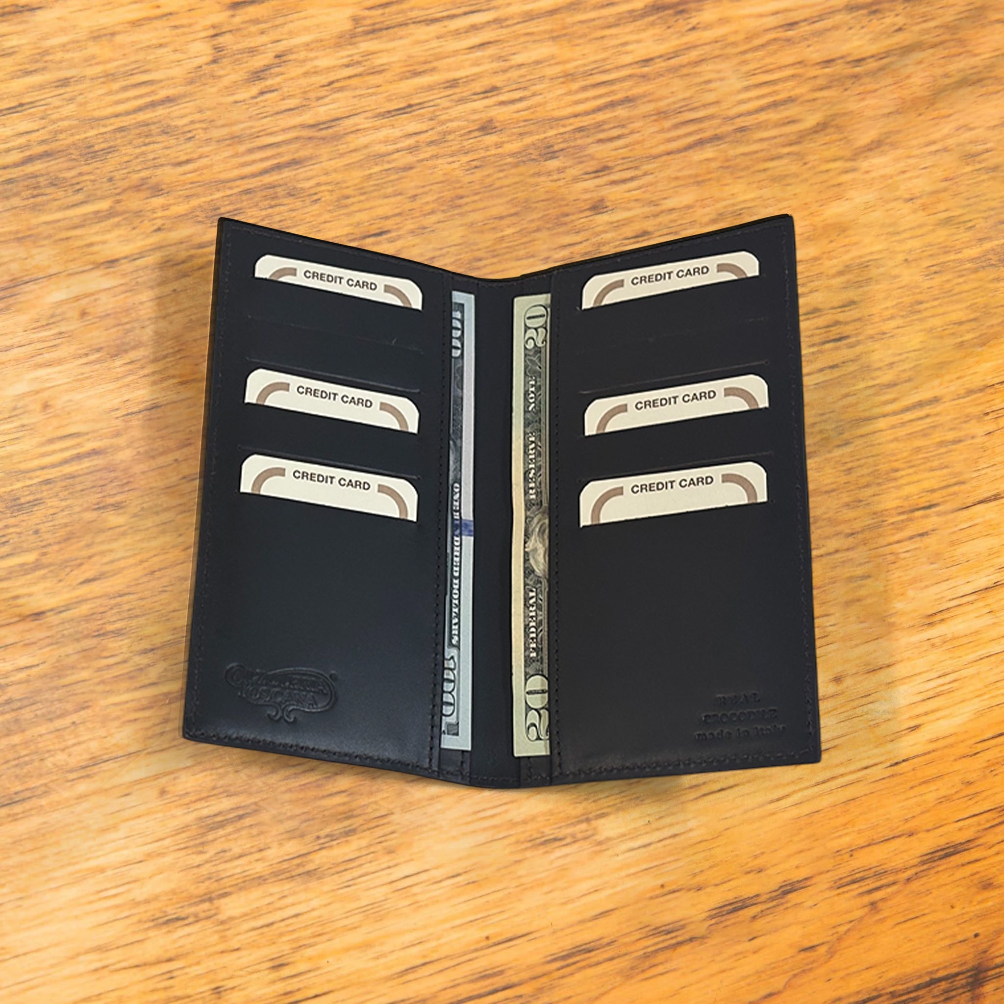 Dark Brown crocodile-patterned wallet on a wooden surface