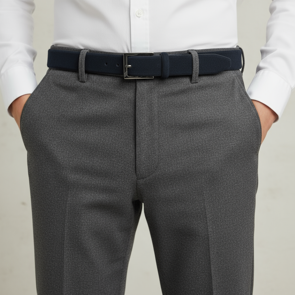 Gray dress pants with a blue belt and white shirt on a neutral background