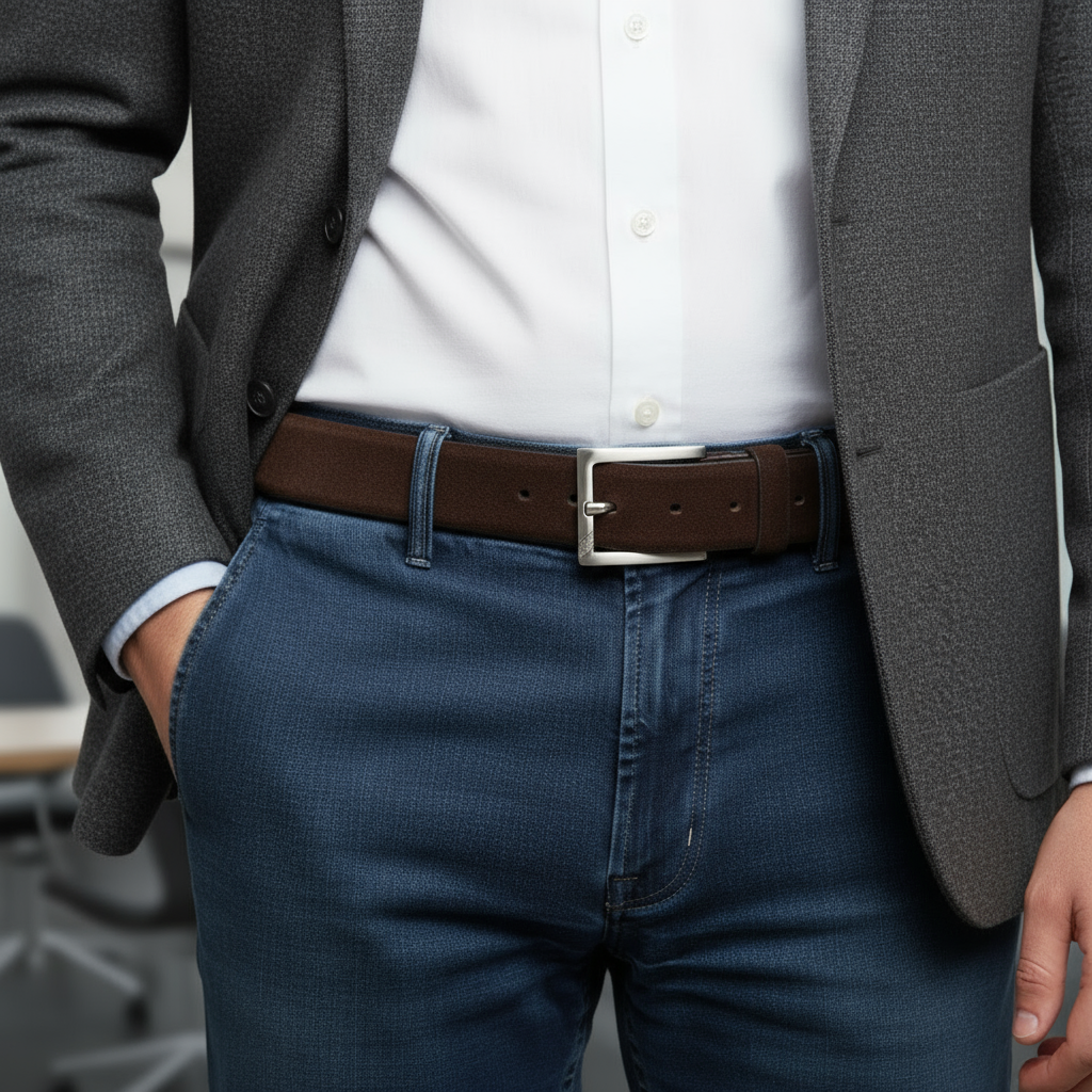 Person wearing a gray blazer, white shirt, blue jeans, and brown belt.