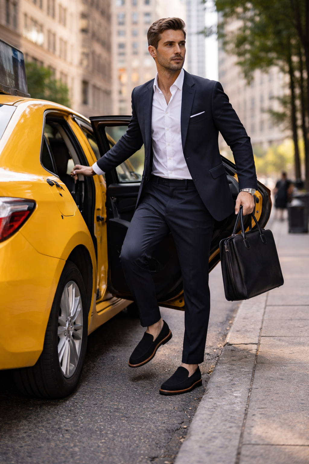 Man in a suit wearing a pair of Black Venetian loafer with a rubber sole stepping out of a yellow taxi in an urban setting