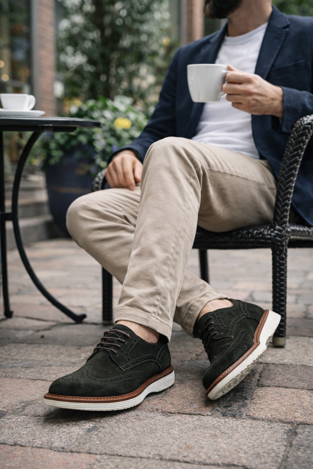 Person sitting outdoors holding a cup, wearing a Olive Green suede wingtip derby shoe with a rubber sole.