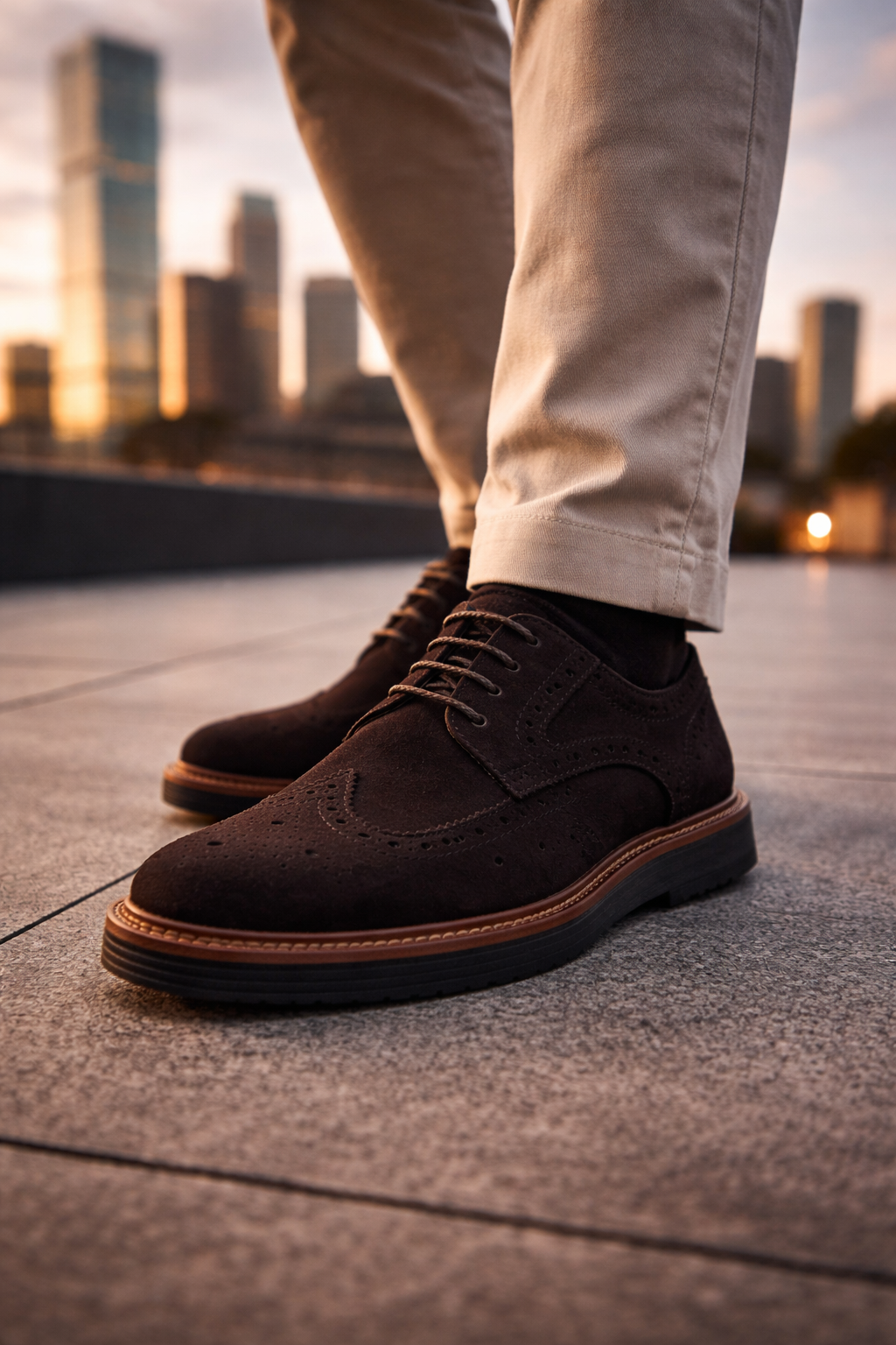 Brown suede shoes with a blurred cityscape in the background