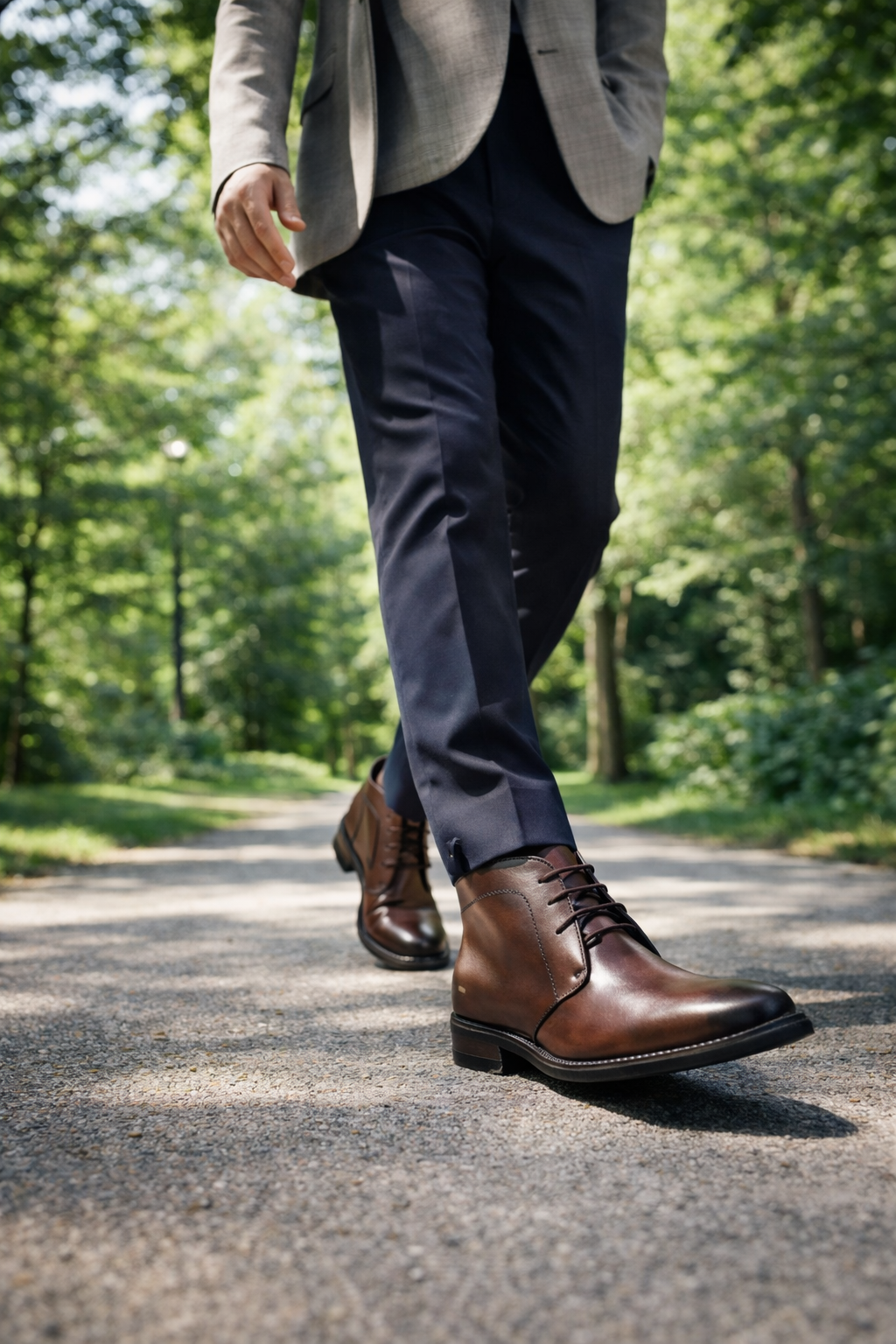 Person wearing a suit and brown leather shoes walking on a path with greenery in the background