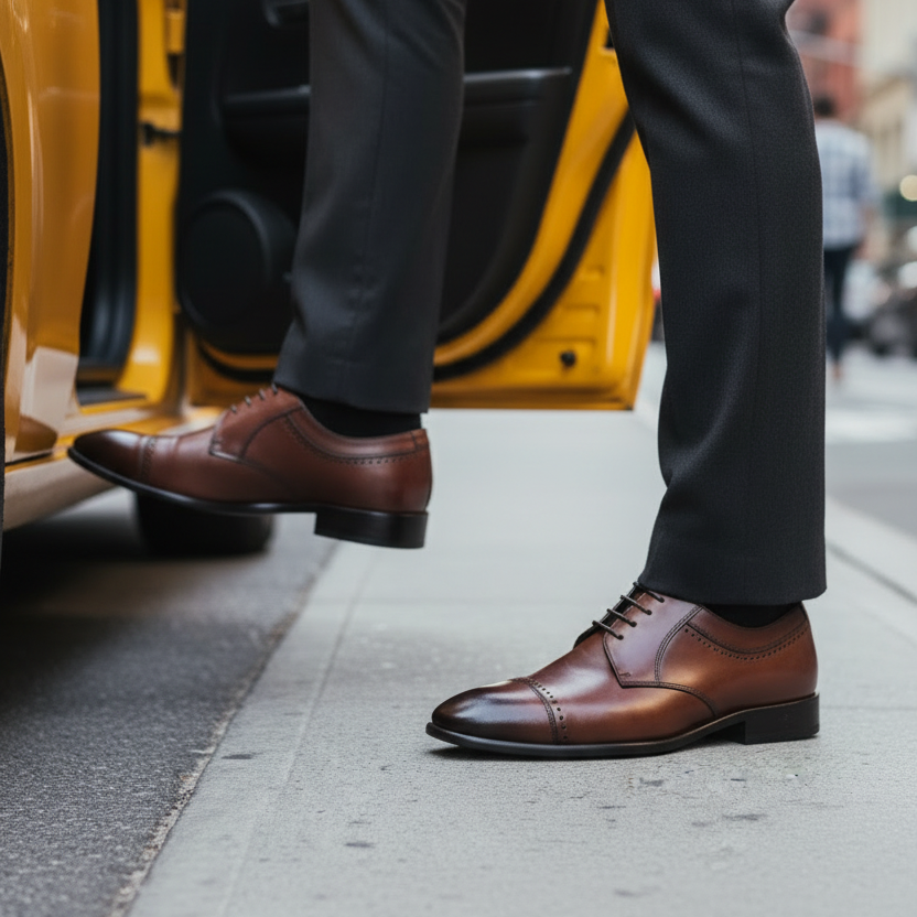Person stepping out of a yellow taxi wearing brown dress shoes and black pants.