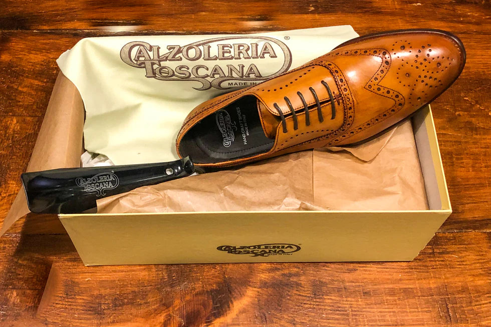 Calzoleria Toscana tan H742 leather wingtip brogue oxford shoe in branded gift box with dust bag and shoe horn