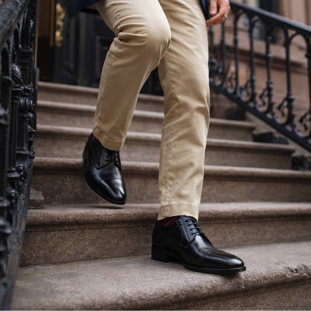 Person wearing a navy blazer, striped sweater, beige pants, and black shoes on a city street.