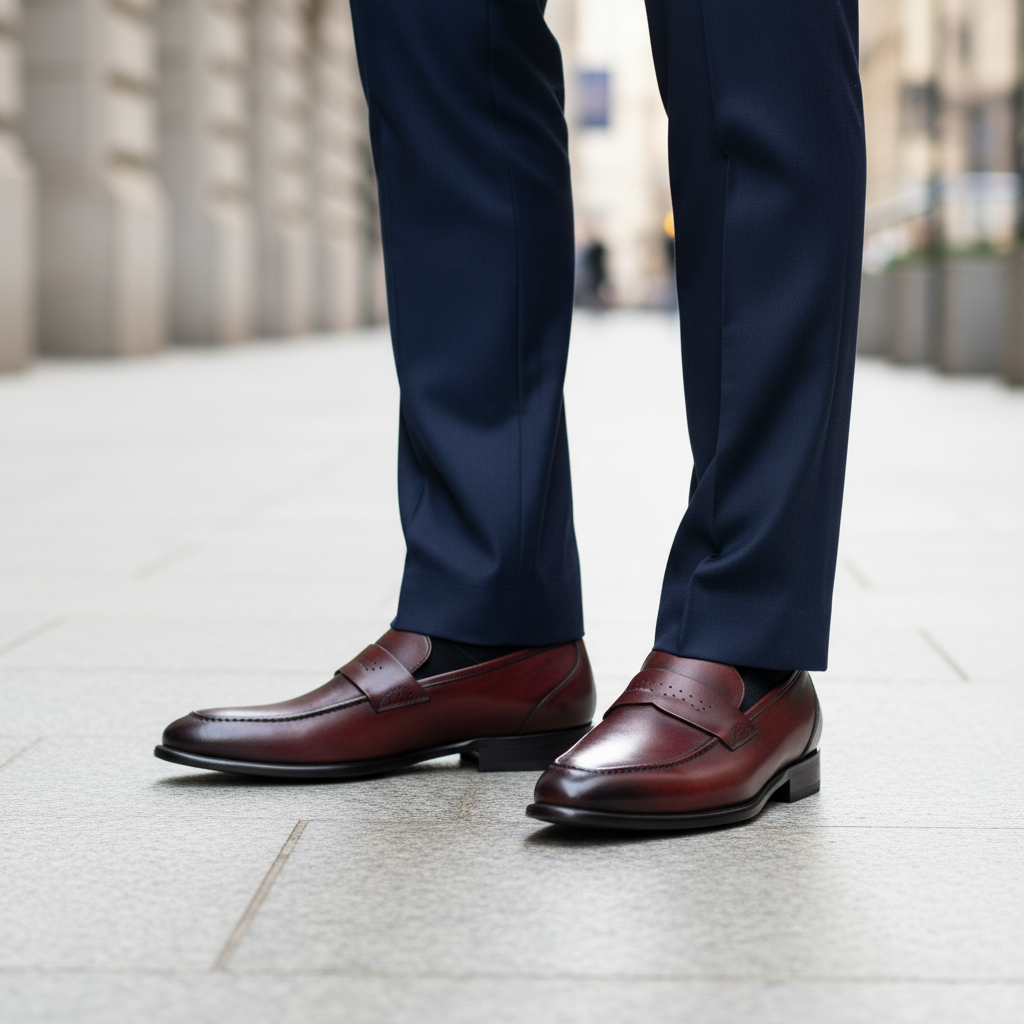 Porpora leather shoes worn with navy pants on a blurred urban background