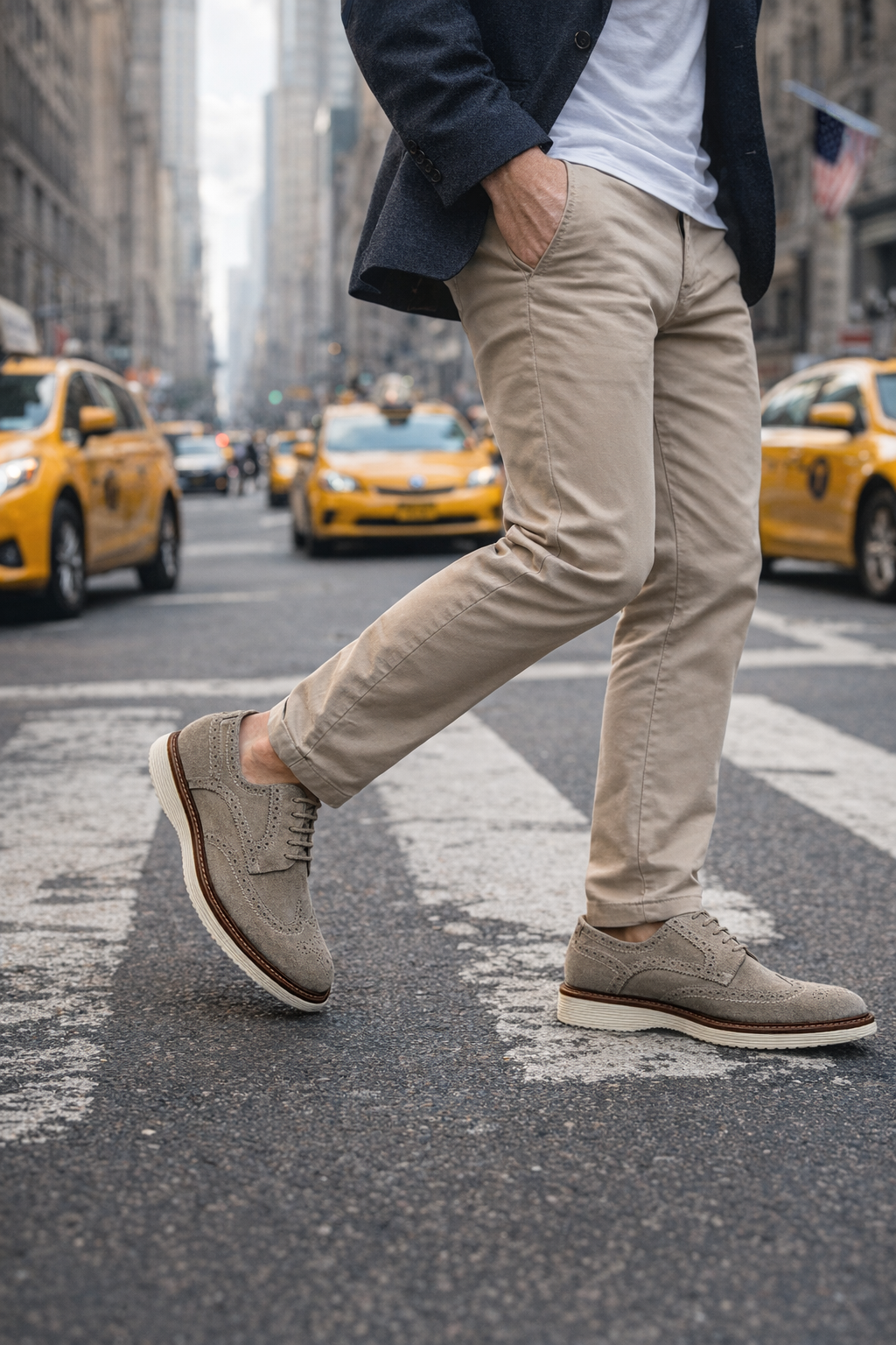 Person walking on a city street wearing A pair of Gray suede shoes with taxis in the background