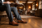 Person wearing brown shoes and gray pants sitting at a table in a restaurant.