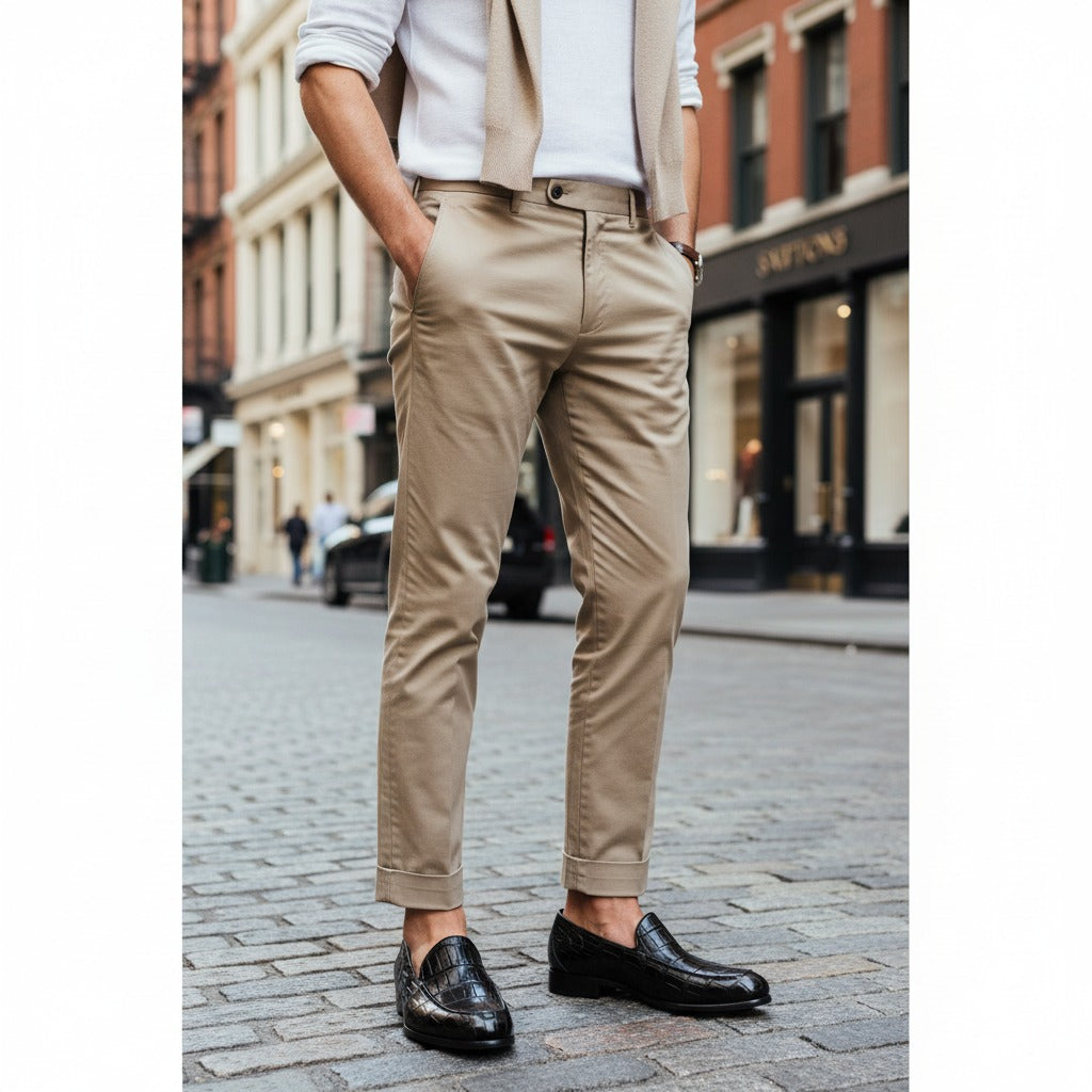 Person wearing beige pants and Black crocodile loafer shoes on a city street
