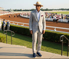 Man in a light gray suit and hat wearing Navy blue suede shoe with white sole standing on a race track with horses and spectators in the background.