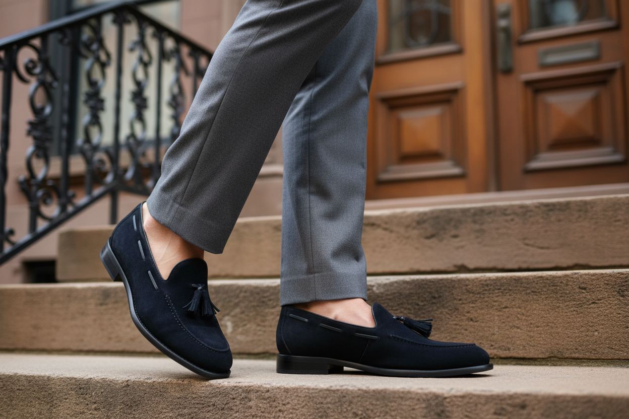 Person wearing navy blue loafers and gray pants standing on a set of stairs.