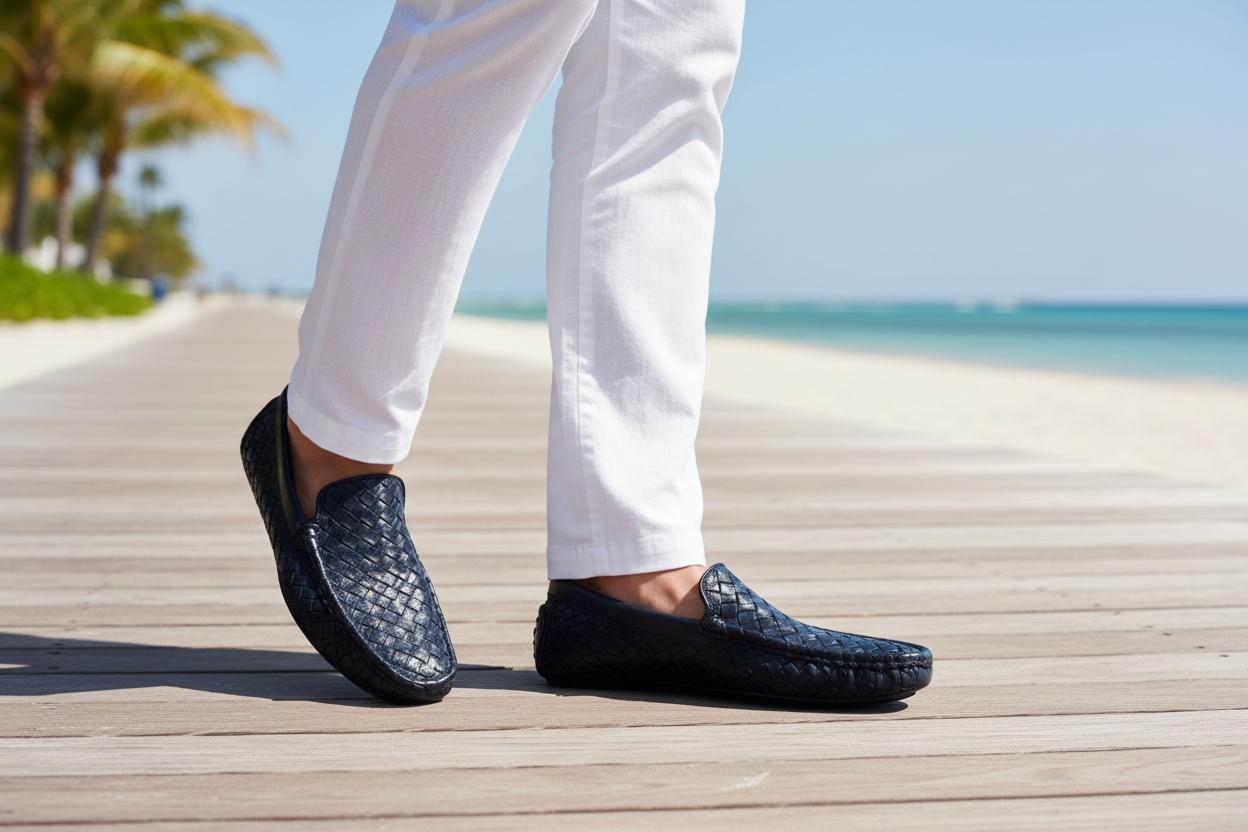 Person wearing blue loafers on a wooden deck with a beach and palm trees in the background