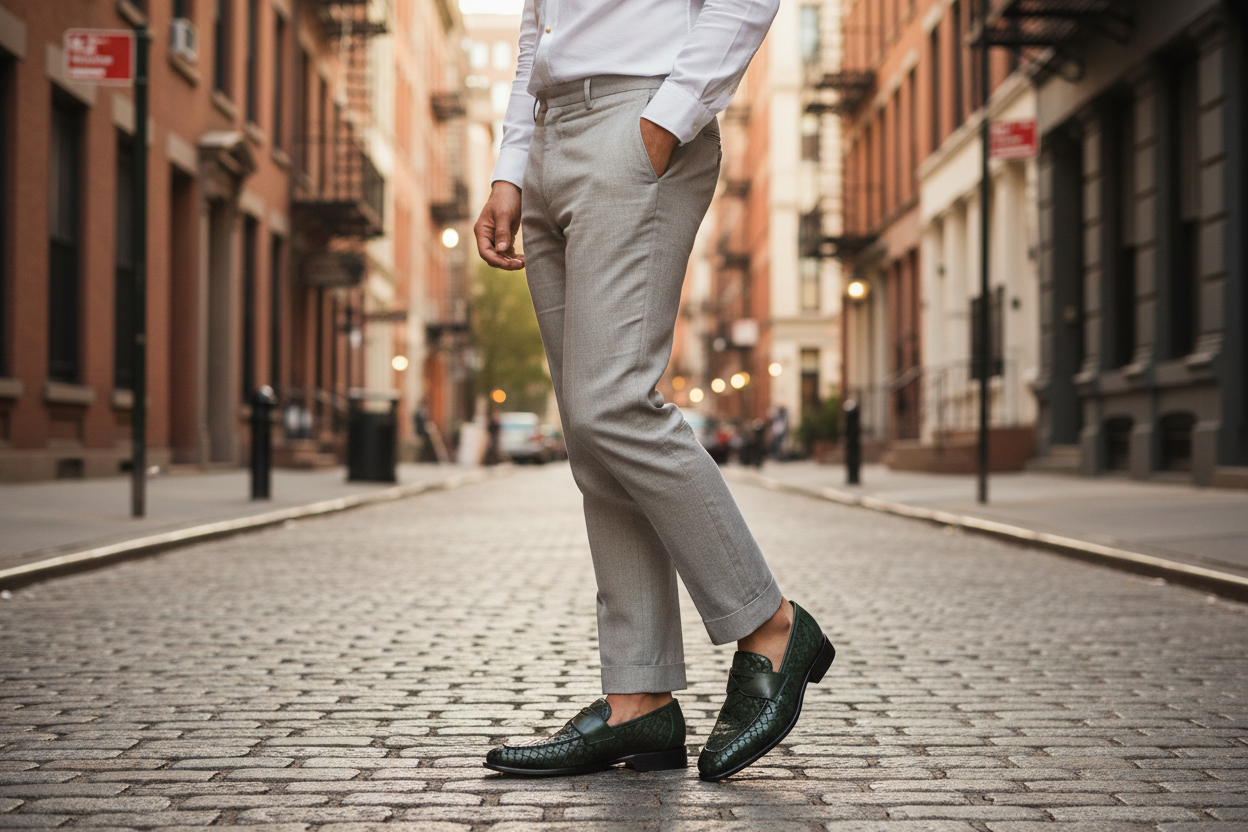 Person wearing gray pants and green shoes on a city street.