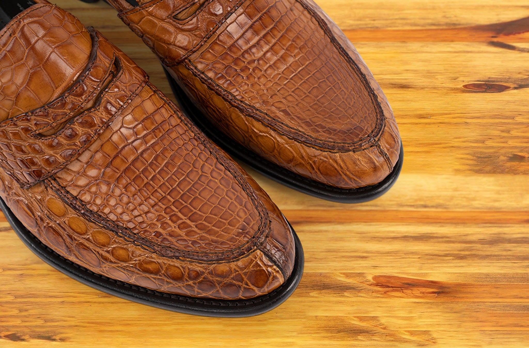 Brick leather loafer on a wooden surface