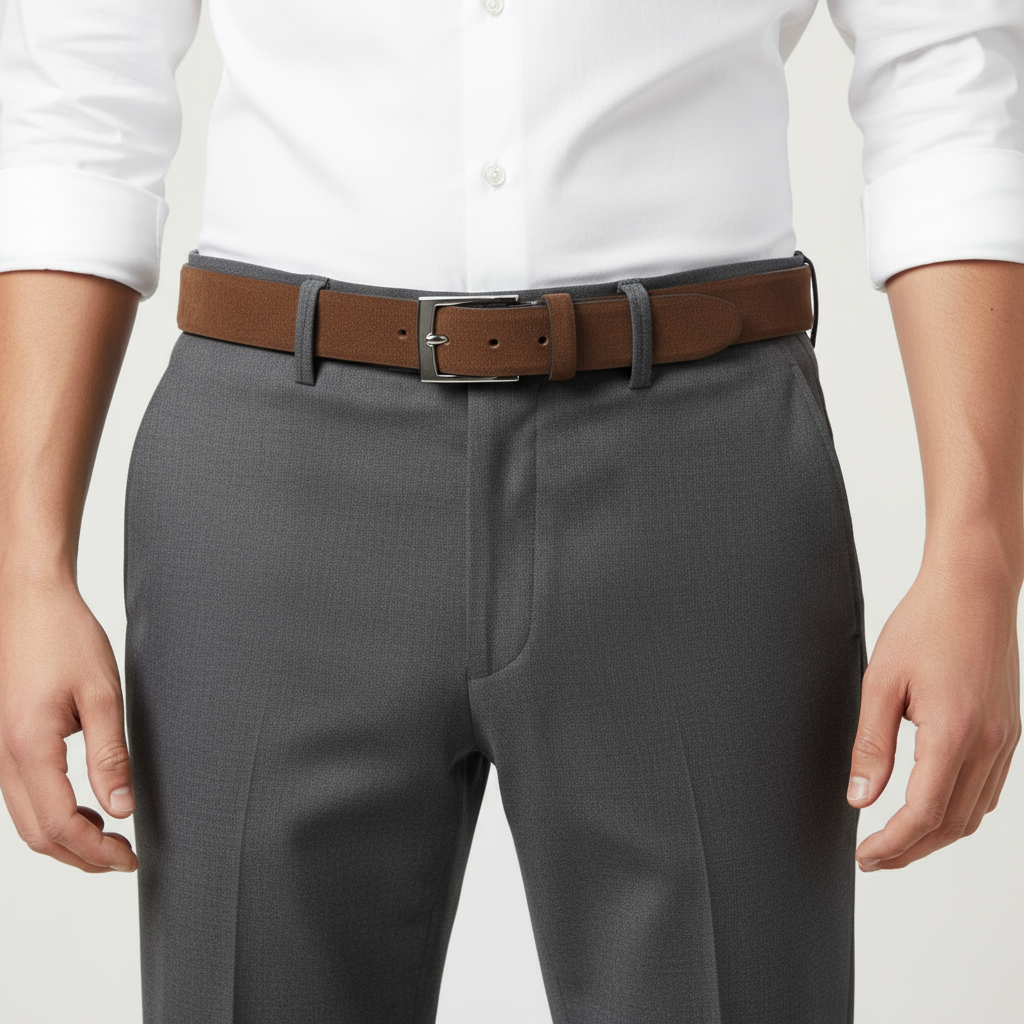 Gray pants with a brick belt and white shirt on a light gray background