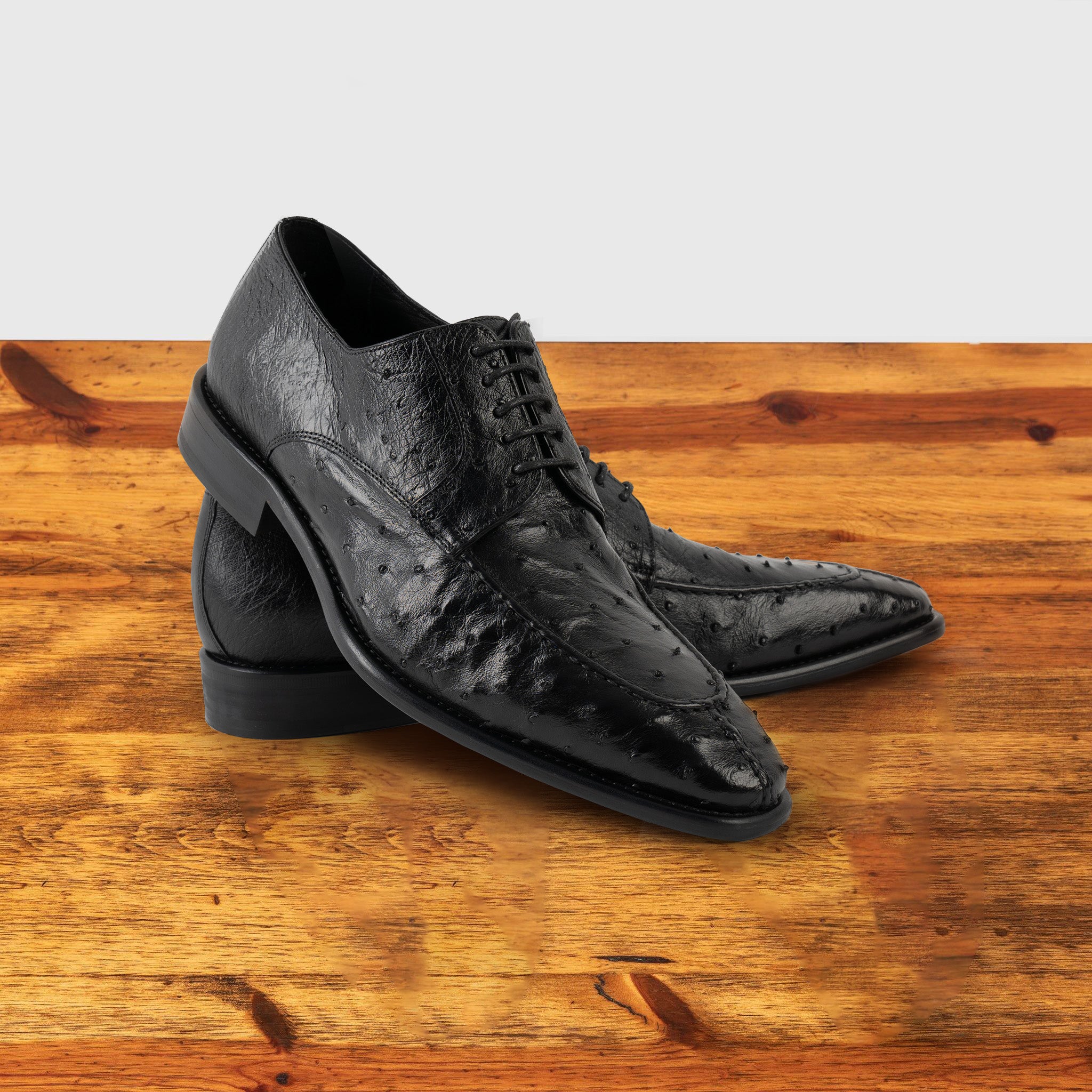 A Pair of Black dress shoe on a wooden surface with a light gray background