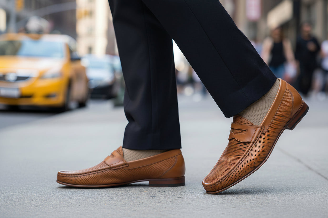 Brown loafers worn on a city street with a blurred background